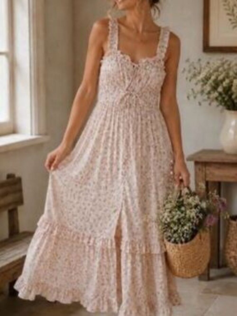 Storia Poetry & Petals Floral Midi Dress Cream Pink Cottagecore Smocked SZ L